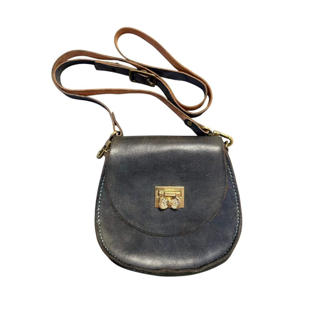Handmade Navy Leather Crossbody Bag Gold Tone Bow Rhinestone Clasp
